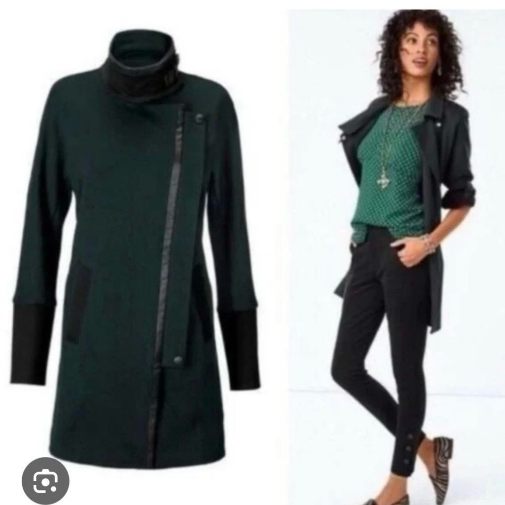 CAbi Dark Teal Green and Black Blazer Asymmetrical Renaissance Coat